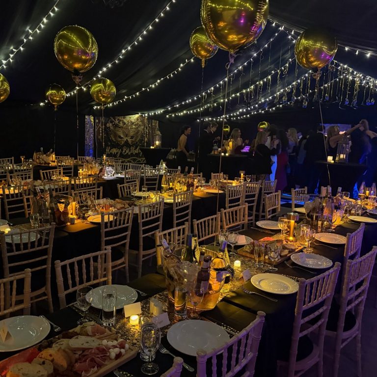 Winter marquee. Black out lining and fairy lights in a heated winter marquee.